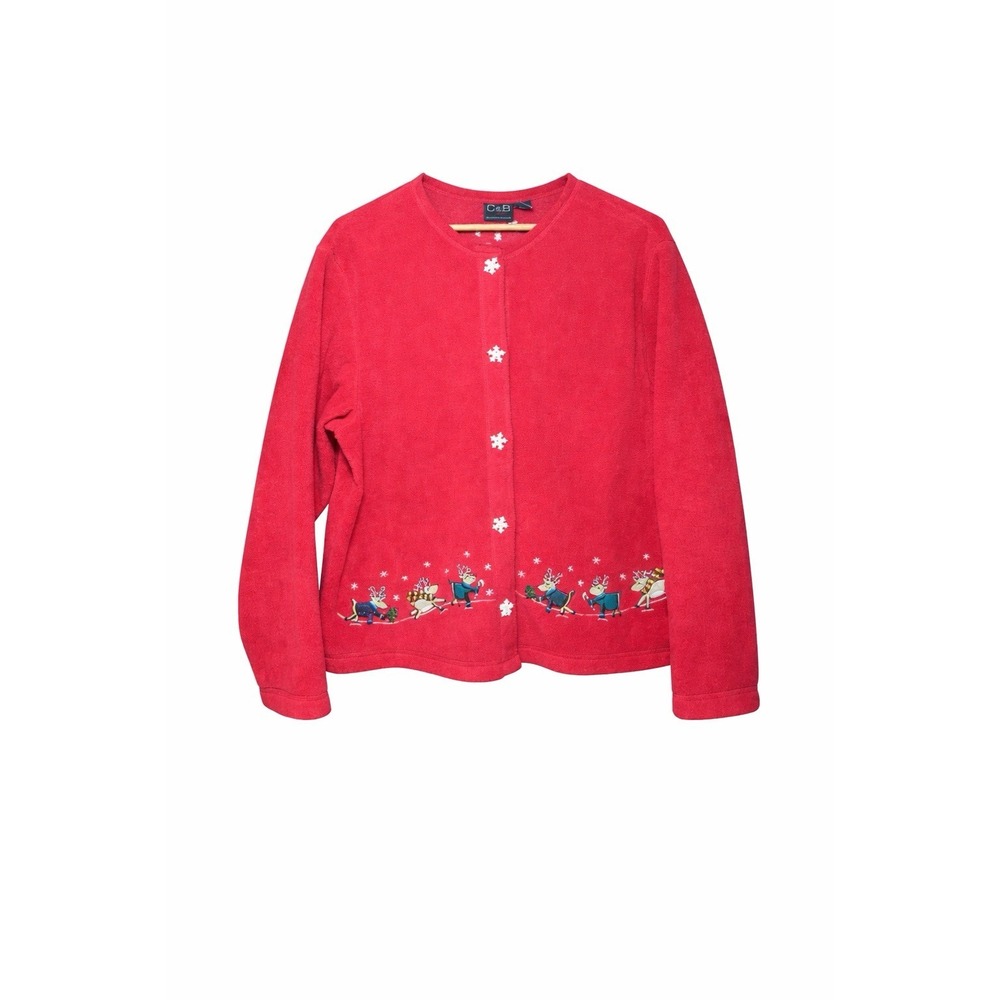 Croft & Barrow Womens XL Christmas Fleece Cardigan Red Reindeer Snow Holiday